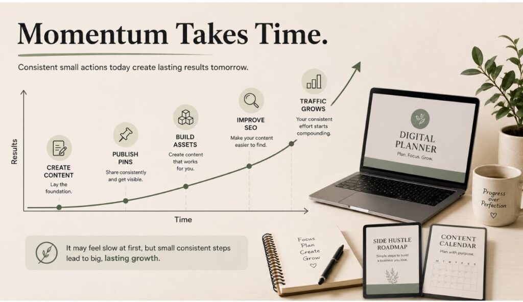 Clean chart style image showing slow side hustle growth becoming stronger over time through consistent content and digital assets.