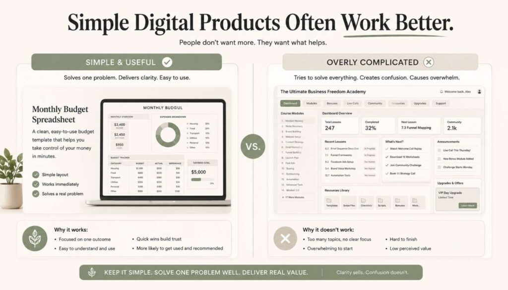 Minimal comparison showing simple useful digital products outperforming overly complicated products.