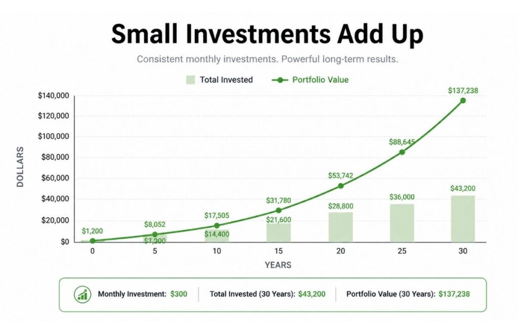 small monthly investments growing into large wealth over time