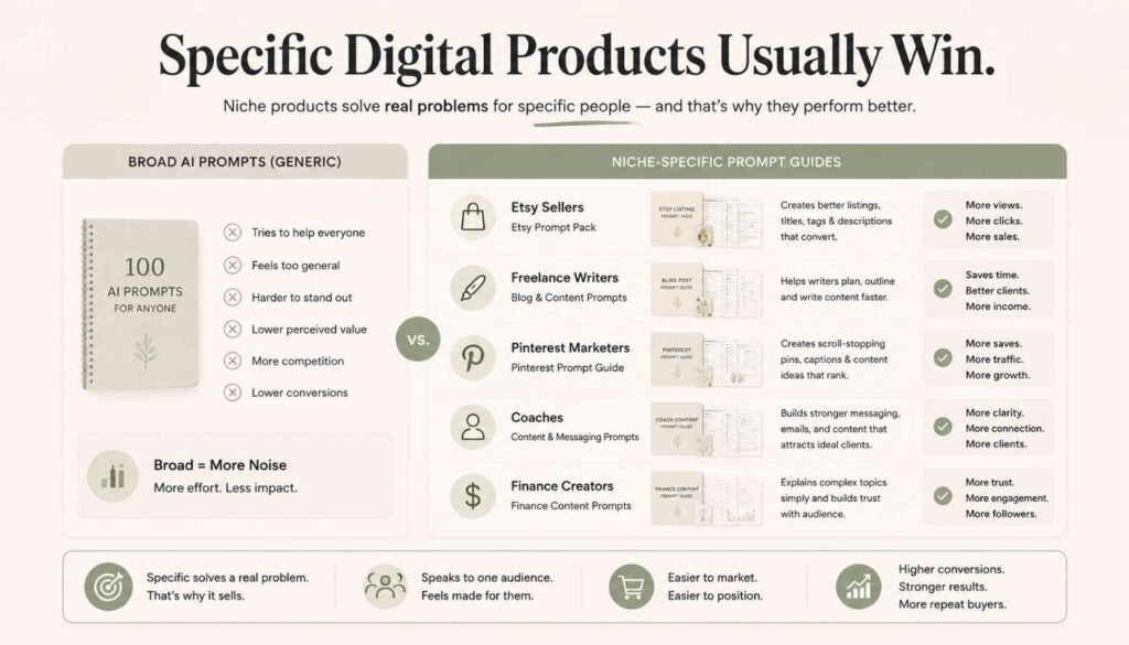 Clean infographic showing niche AI prompt guides for specific audiences like Etsy sellers, coaches, and freelancers.