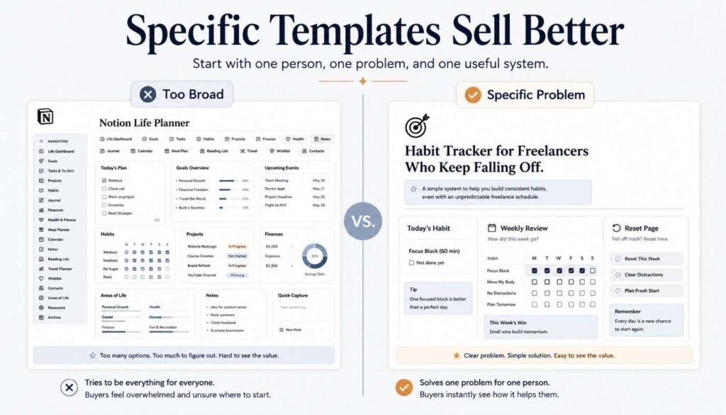 Split layout comparing a broad Notion life planner with a specific Notion habit tracker for freelancers, showing why specific templates sell better on Etsy.