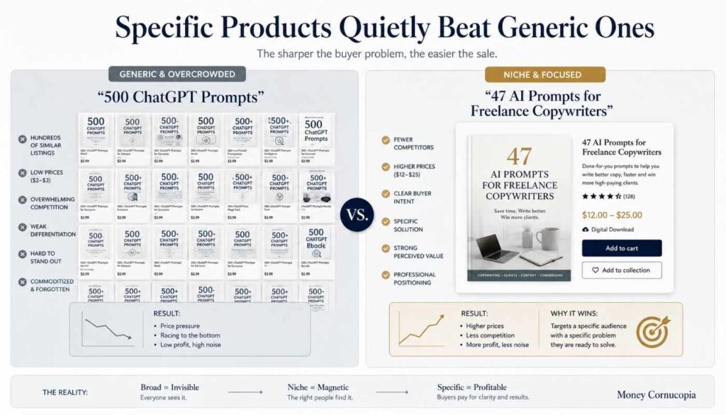 Comparison infographic showing generic AI prompt packs competing in crowded Etsy markets versus niche freelance copywriter prompt packs with stronger positioning and higher pricing.