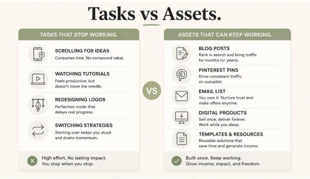 Minimal infographic comparing side hustle tasks with digital assets like blog posts, Pinterest pins, email lists, and digital products.