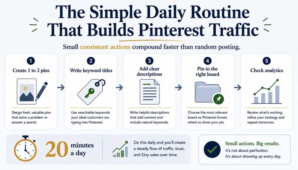 Five step Pinterest routine showing how to create pins, write keyword titles, add descriptions, pin to the right board, and check analytics in 20 minutes a day.