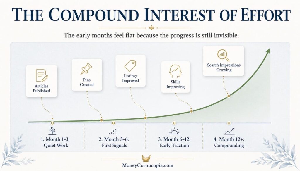 Growth curve showing how side hustle effort can feel flat during the early months before compounding into visible progress.