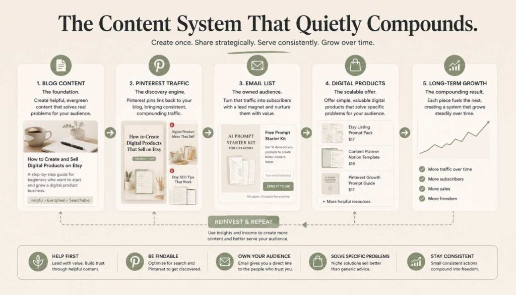Simple creator content system showing blog posts, Pinterest traffic, email lists, and digital products working together.