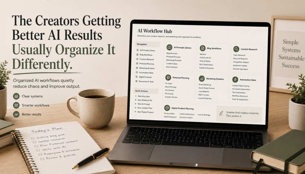 Organized AI workflow dashboard for creators managing prompts, content ideas, research systems, and marketing workflows.