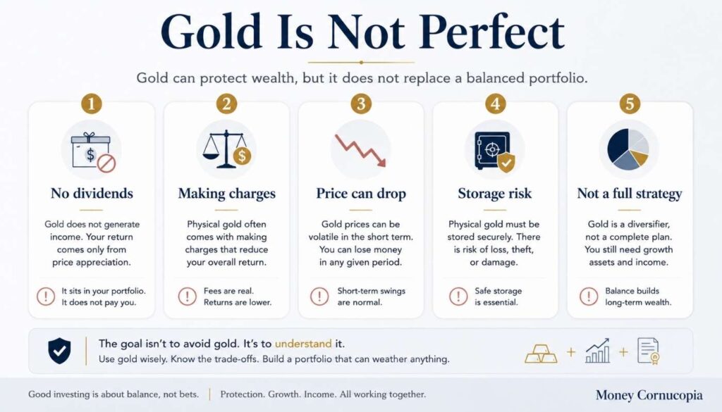 Checklist infographic showing the downsides of gold investing, including no dividends, making charges, price drops, storage risk, and lack of income.