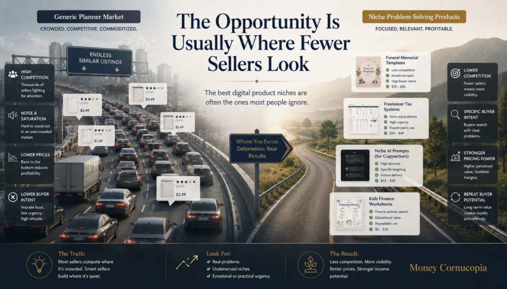 Editorial comparison graphic showing crowded generic Etsy planner markets versus quieter niche digital product opportunities with lower competition.