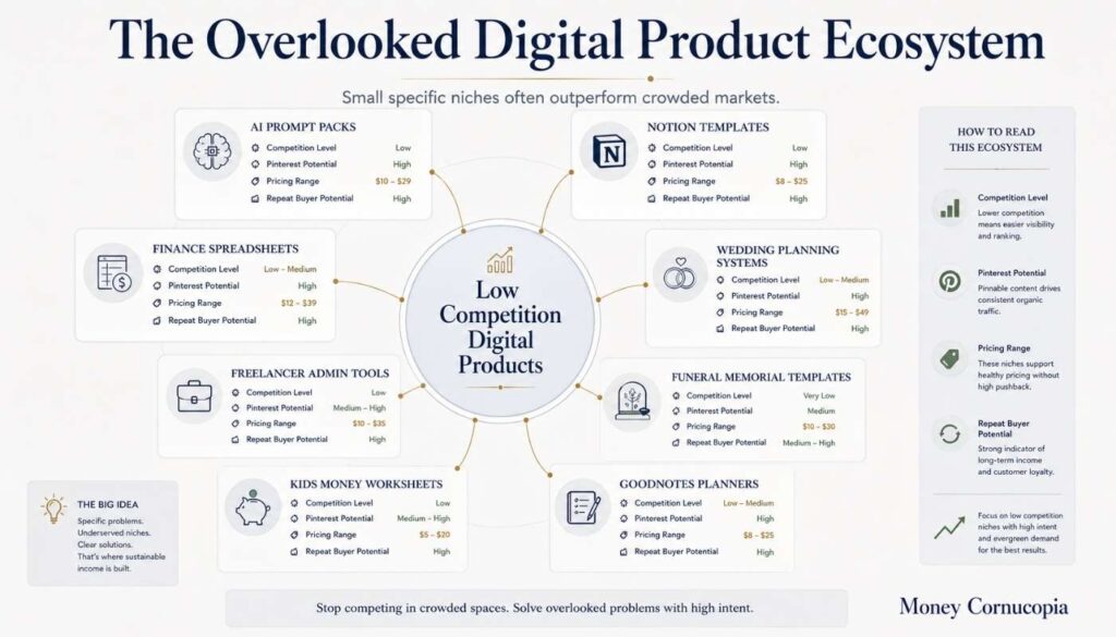 Editorial ecosystem infographic showing low competition digital product categories on Etsy including AI prompt packs, Notion templates, freelancer tools, and finance spreadsheets.