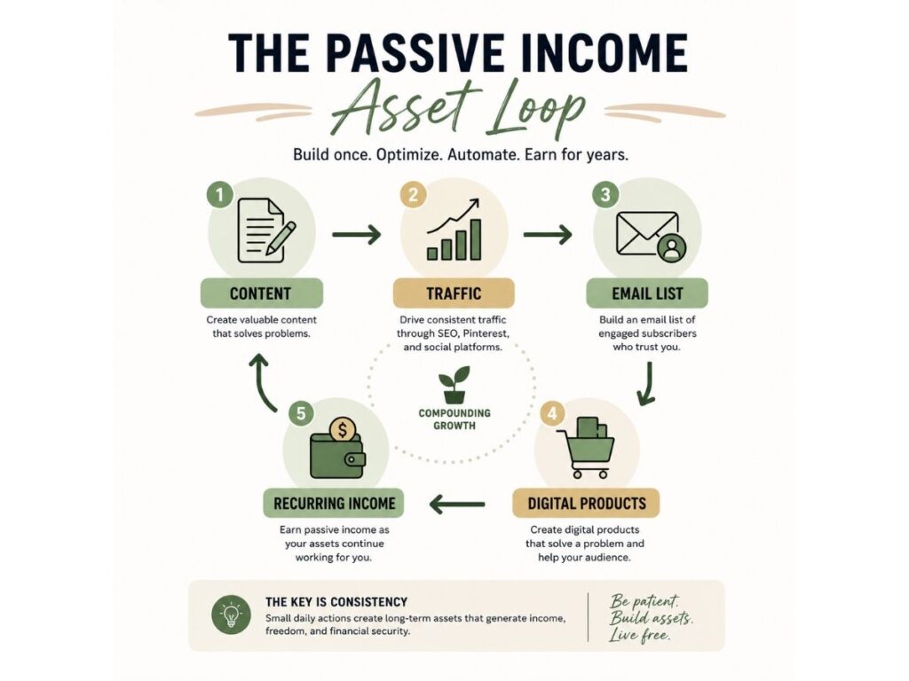 Simple passive income asset loop showing how content traffic email lists and digital products create recurring income