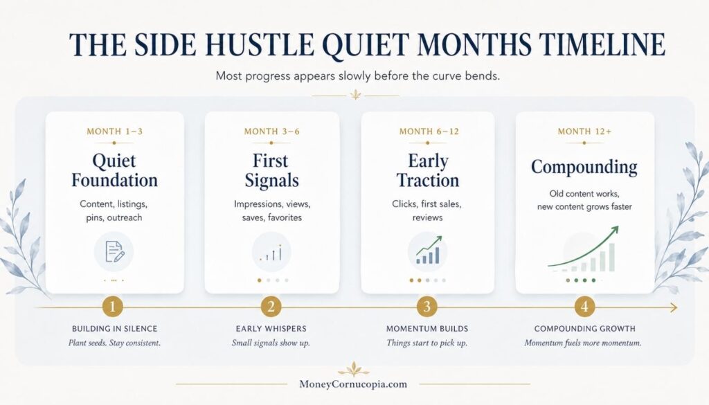 Timeline showing how different side hustles often move from quiet foundation building to first signs of progress and compounding growth.