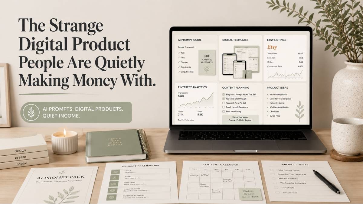 Creator using AI prompt guides, digital templates, and content systems to build passive income online.