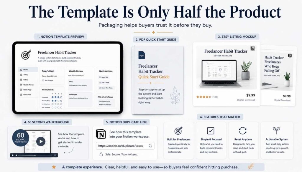 A polished Notion template product bundle showing a dashboard preview, quick start PDF, Etsy listing mockups, walkthrough video card, and duplicate link card.
