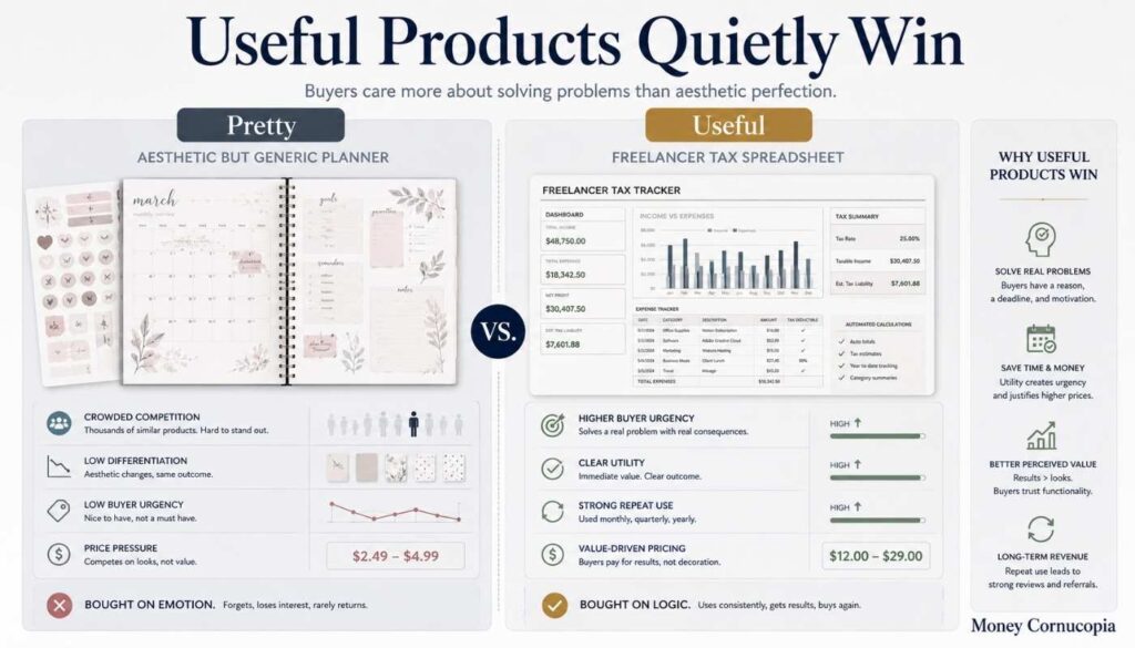 Split-screen infographic comparing aesthetic Etsy planner templates with functional freelancer tax spreadsheets that solve real buyer problems.