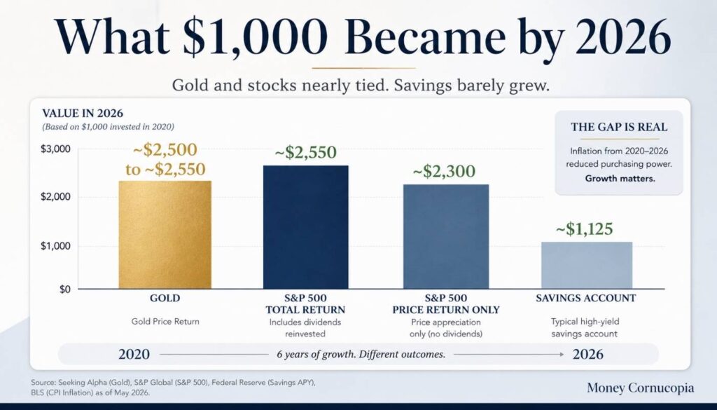 Bar chart comparing how $1,000 grew in gold, the S&P 500, and a savings account from 2020 to 2026.