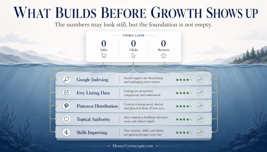 Layered foundation visual showing invisible side hustle progress such as Google indexing, Etsy listing data, Pinterest distribution, topical authority, and improving skills.