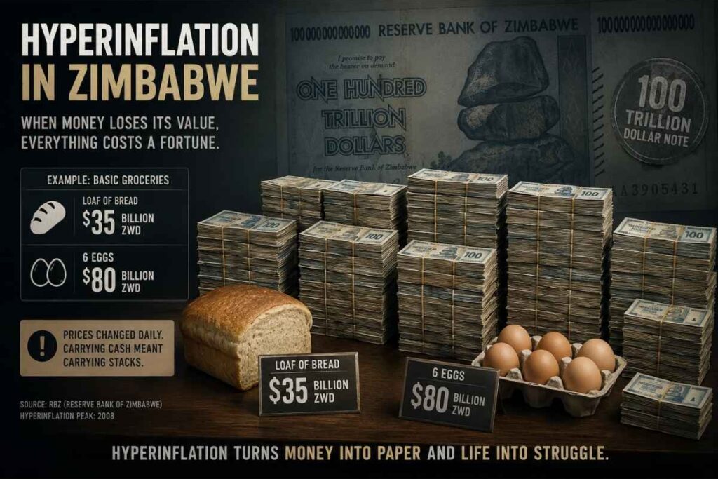 Image showing stacks of money required to buy basic food items, illustrating extreme hyperinflation in Zimbabwe.