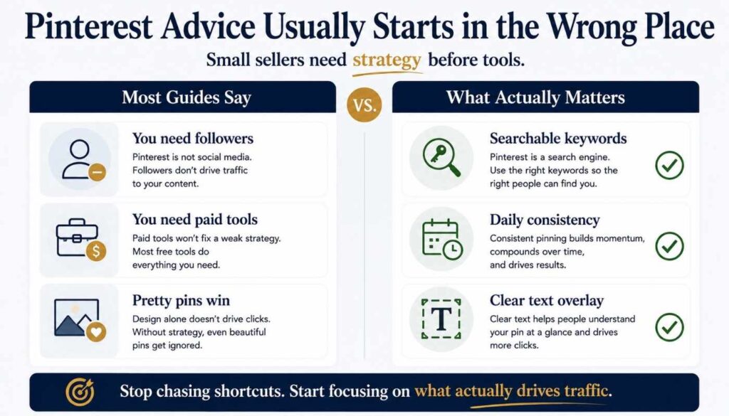 Myth versus reality infographic showing that Pinterest success depends more on searchable keywords, daily consistency, and clear text overlays than followers or paid tools.
