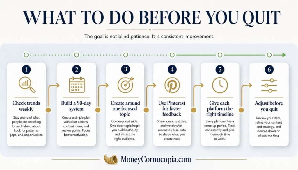 Action roadmap showing what to do when a side hustle is not making money yet, including checking trends weekly, building a system, creating focused content, using Pinterest, and adjusting strategy.