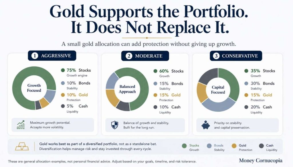 Portfolio allocation infographic showing aggressive, moderate, and conservative portfolios with stocks, bonds, gold, and cash.