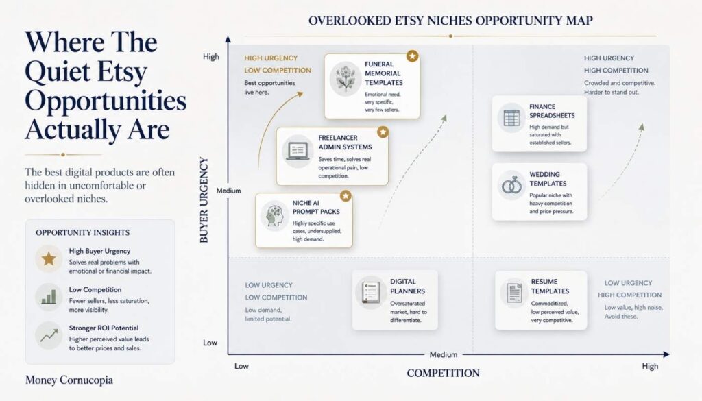 Opportunity matrix infographic mapping low competition Etsy digital product niches including funeral templates, freelancer systems, finance spreadsheets, and AI prompt packs.