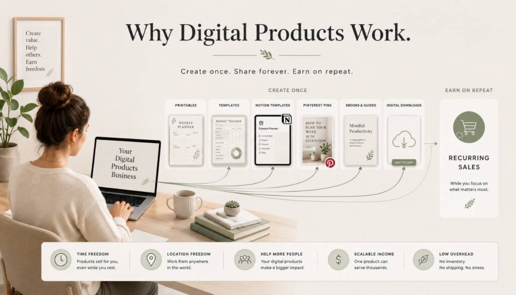 Minimal visual showing digital products creating passive income through blogs, Etsy, Pinterest, and templates.