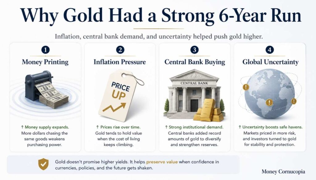 Four-card infographic showing money printing, inflation pressure, central bank buying, and global uncertainty as reasons gold rose from 2020 to 2026.