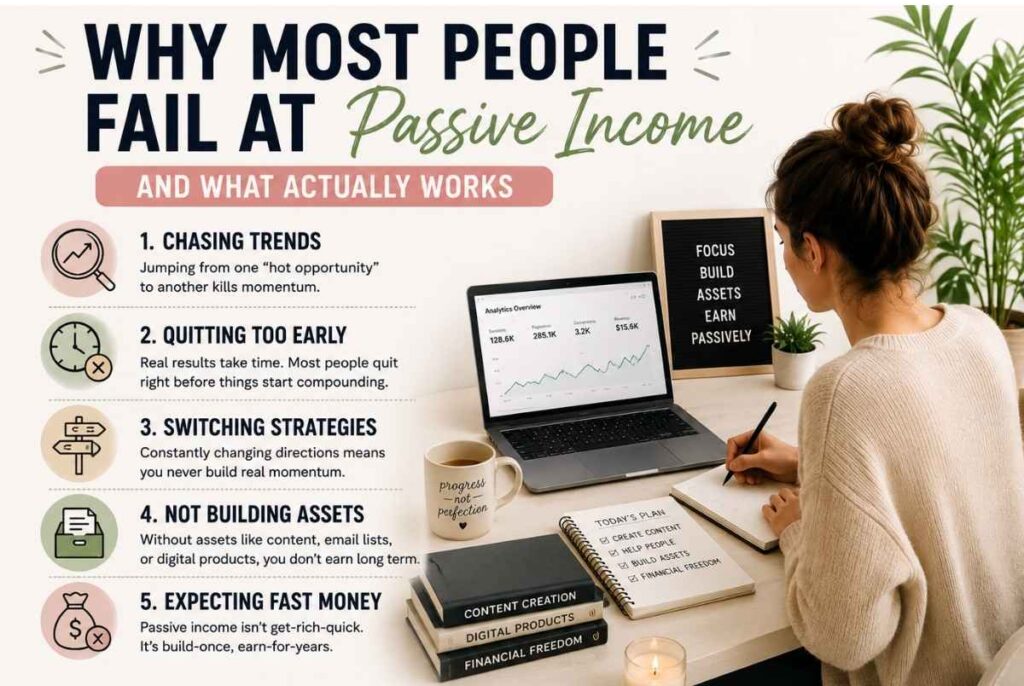 Pinterest infographic explaining the biggest reasons people fail at passive income