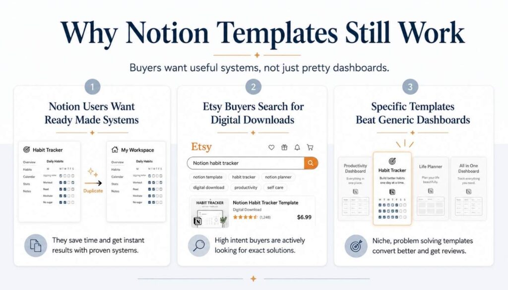 Infographic showing why Notion templates still work as digital products, including ready made systems, Etsy search demand, and specific templates beating generic dashboards.