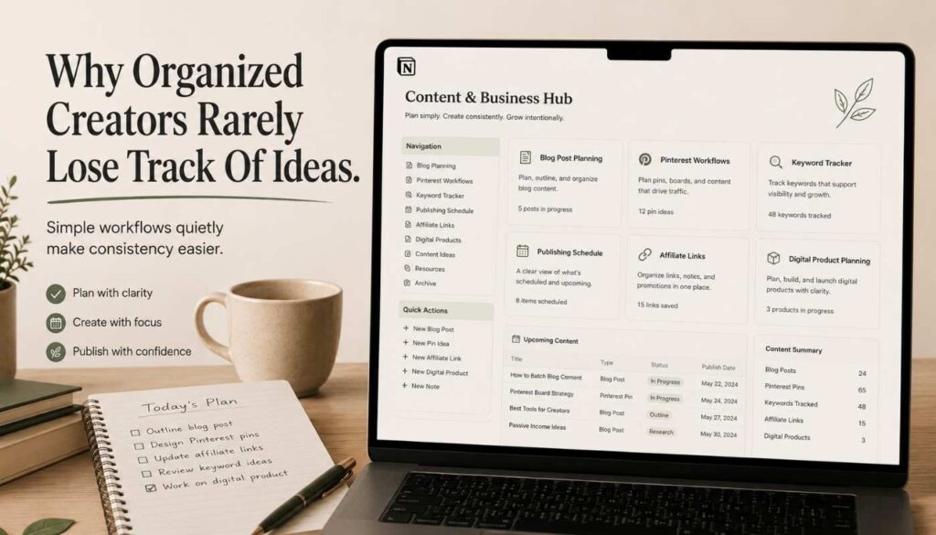 Organized Notion style content planning dashboard for bloggers and Pinterest creators with keyword tracking and publishing workflow.