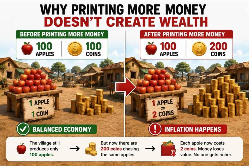 Simple comparison showing 100 apples and 100 coins vs same apples with 200 coins, illustrating how printing money causes inflation without increasing goods.