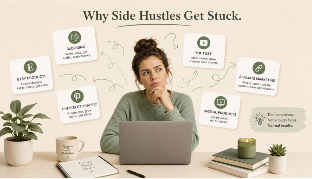 Simple visual showing a creator stuck between too many side hustle ideas like blogging, Etsy, Pinterest, and affiliate marketing.