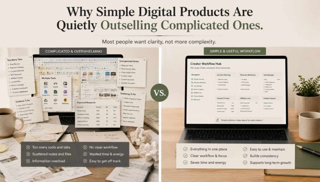 Comparison showing simple useful creator workflow systems outperforming overwhelming complicated dashboards and information overload.