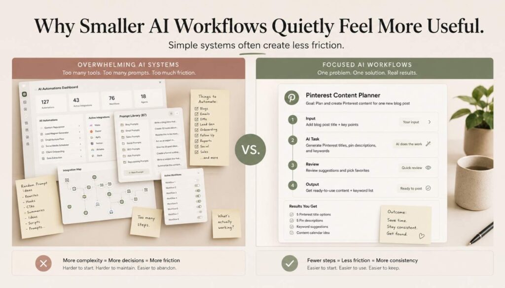 Comparison between overwhelming AI automation systems and smaller focused AI workflow tools for creators.