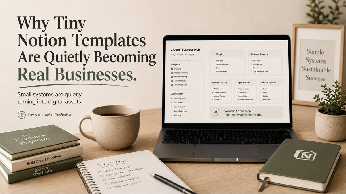 Minimal creator workspace with organized Notion templates for blogging, Pinterest planning, digital products, and creator workflows.