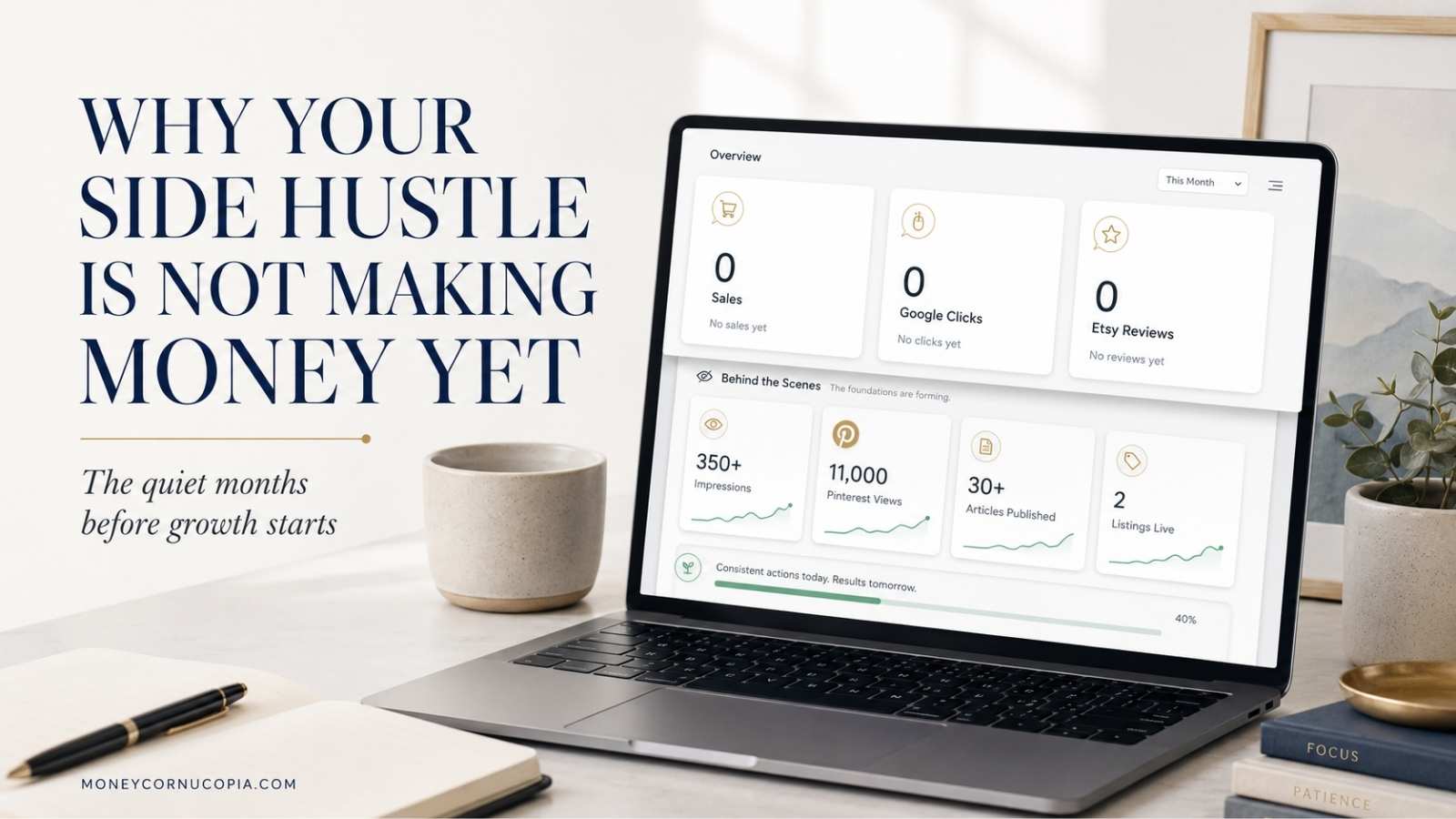 Analytics dashboard showing zero sales, zero clicks, and hidden growth signals during the quiet months of a side hustle.