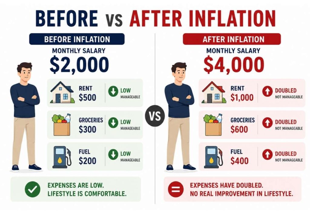 Comparison of salary increase versus rising prices showing that higher income does not increase real purchasing power during inflation.