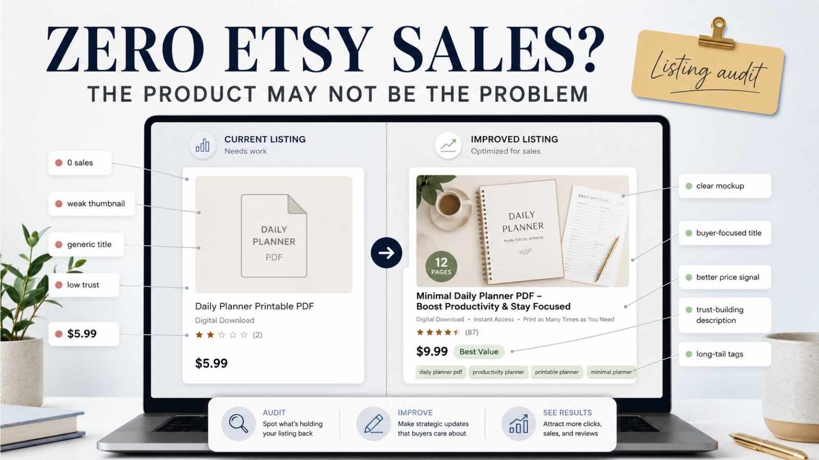A clean listing audit graphic showing why Etsy listings with zero sales may need stronger thumbnails, titles, pricing, descriptions, and trust signals.