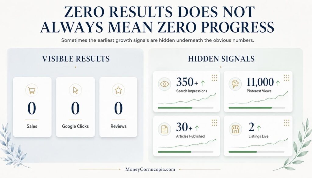Comparison graphic showing visible zero sales and zero clicks alongside hidden progress signals like impressions, Pinterest views, and published content.