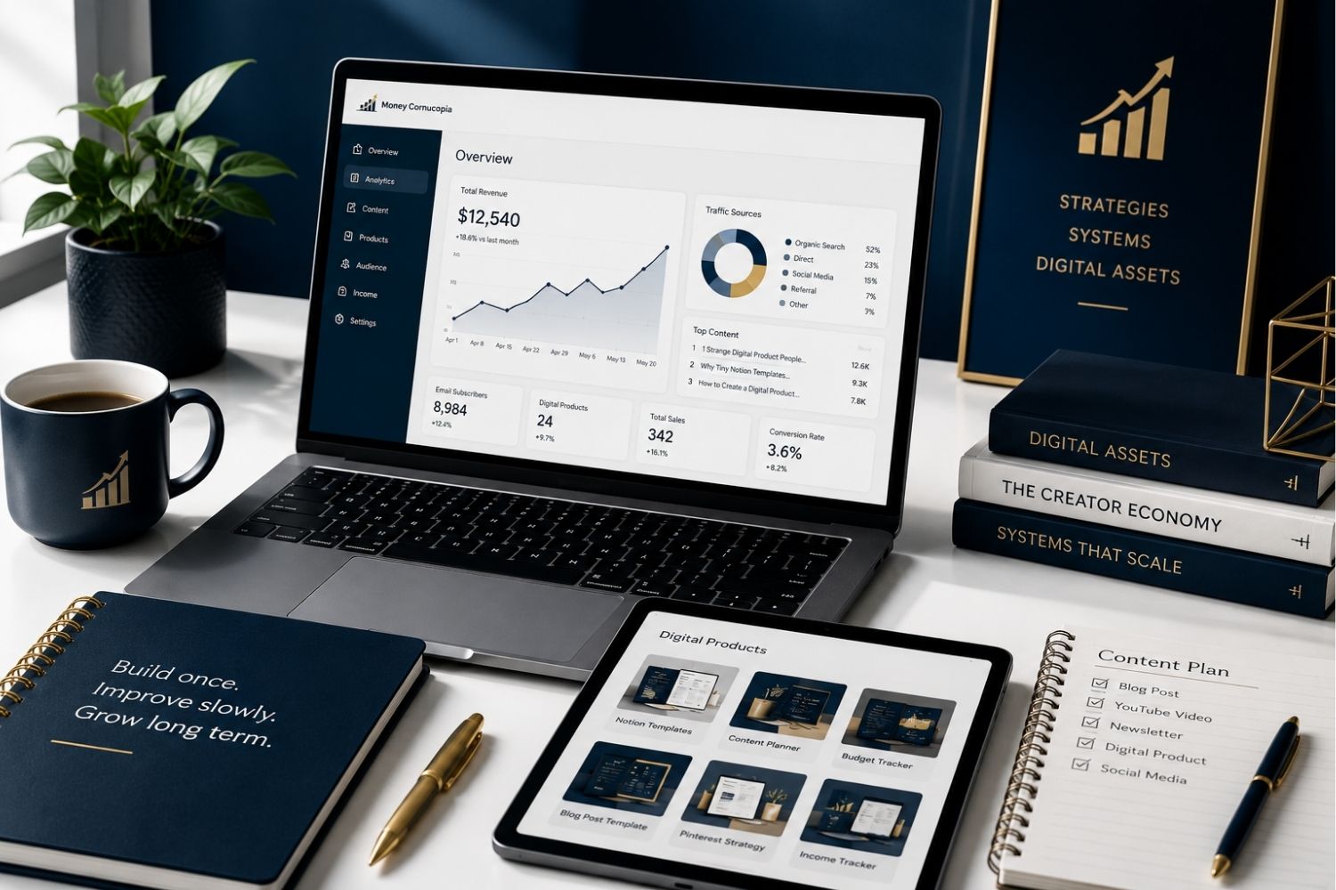 Modern navy and gold digital workspace showing creator dashboards, digital assets, and content systems