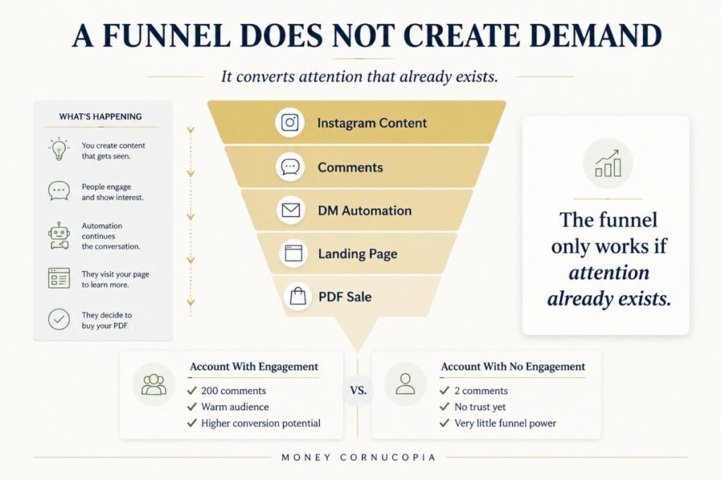Instagram funnel infographic showing content, comments, DM automation, landing page, and PDF sale, with a note that funnels convert attention but do not create demand.