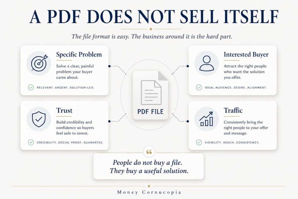Infographic explaining that a PDF file needs a specific problem, interested buyer, trust, and traffic before it can sell online.