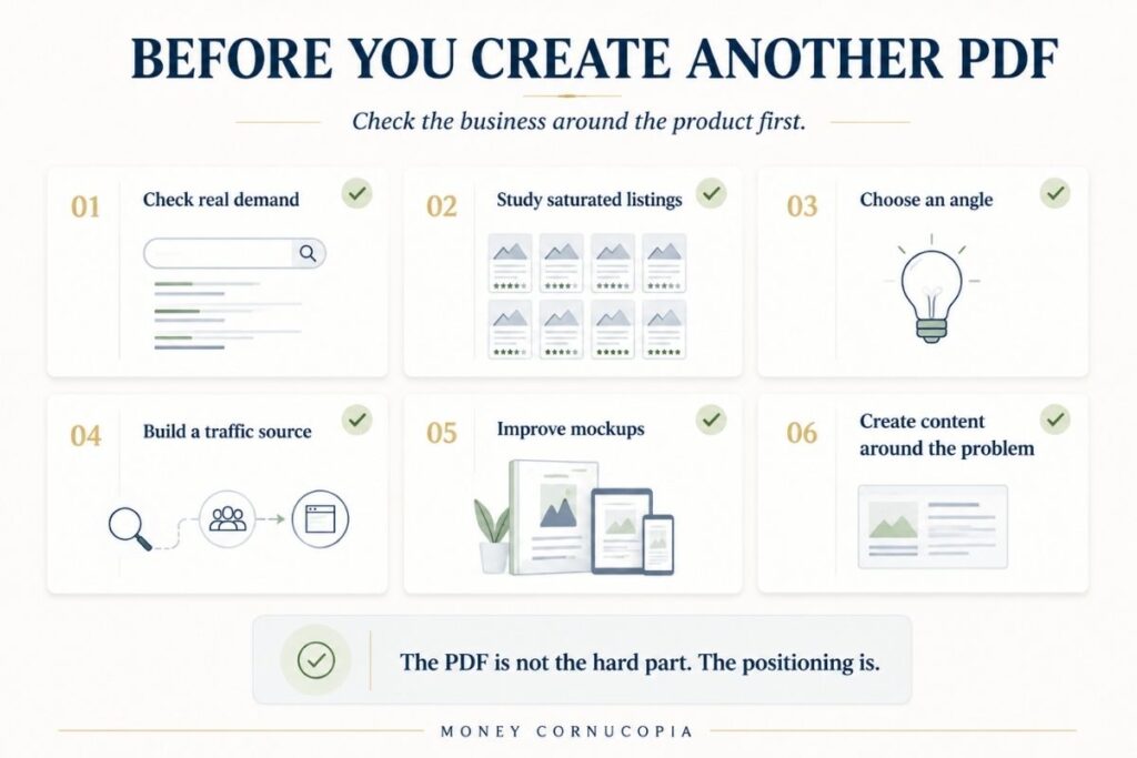 Checklist infographic showing what to do before creating another PDF product, including checking demand, studying saturated listings, choosing an angle, building traffic, improving mockups, and creating content around the problem.