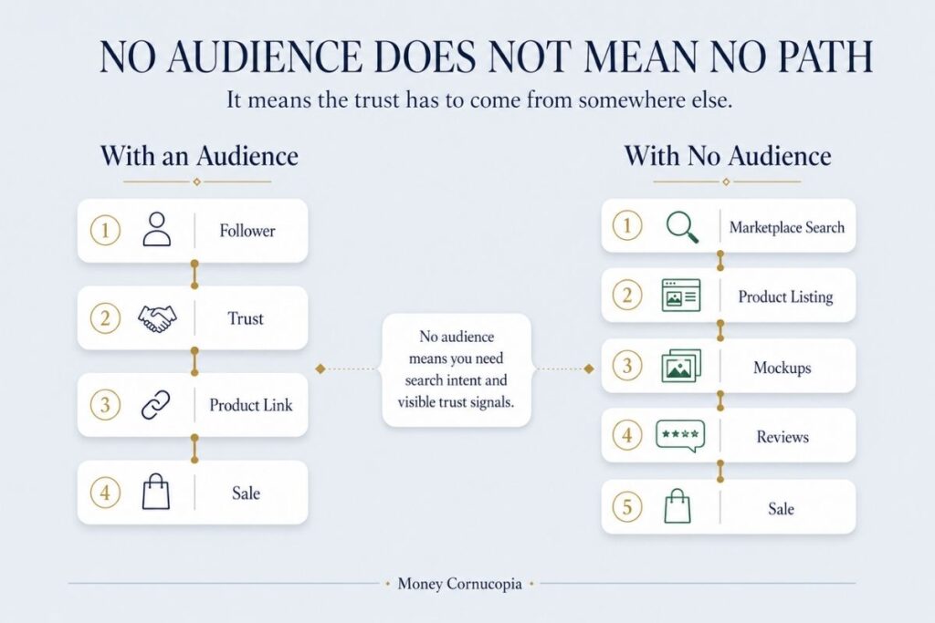 Infographic comparing selling PDFs with an existing audience versus selling through marketplace search traffic without followers.