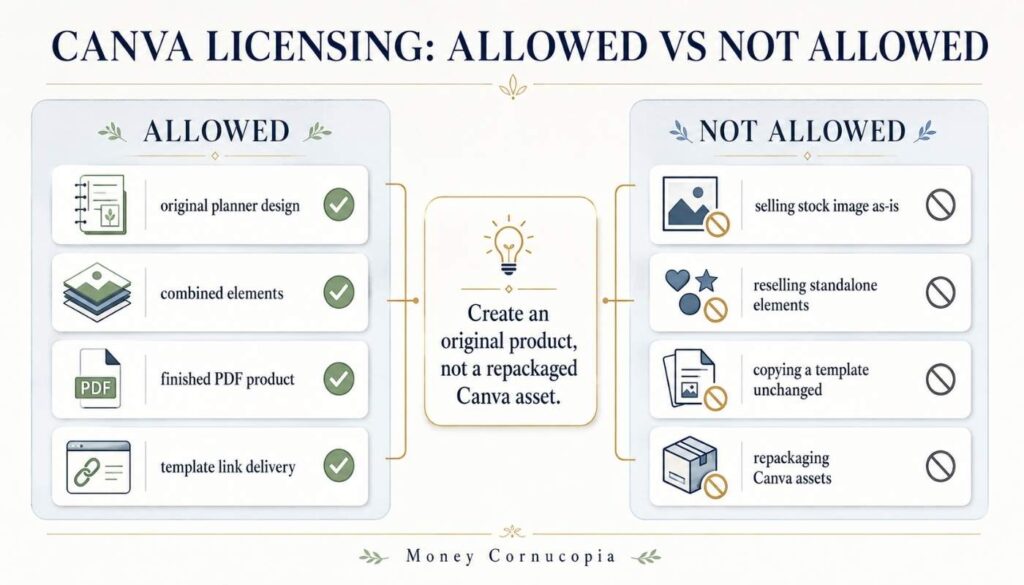 Allowed vs not allowed Canva licensing infographic showing original planner designs, finished PDFs, template links, and restrictions on reselling Canva assets.
