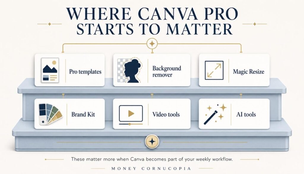 Canva Pro feature stack showing Pro templates, background remover, Magic Resize, Brand Kit, video tools, and AI tools for digital product sellers.