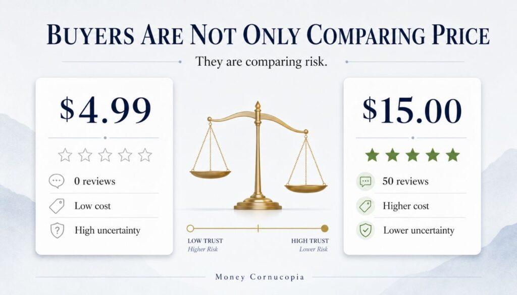 Comparison graphic showing a $4.99 product with zero reviews as high uncertainty and a $15 product with 50 reviews as lower uncertainty.