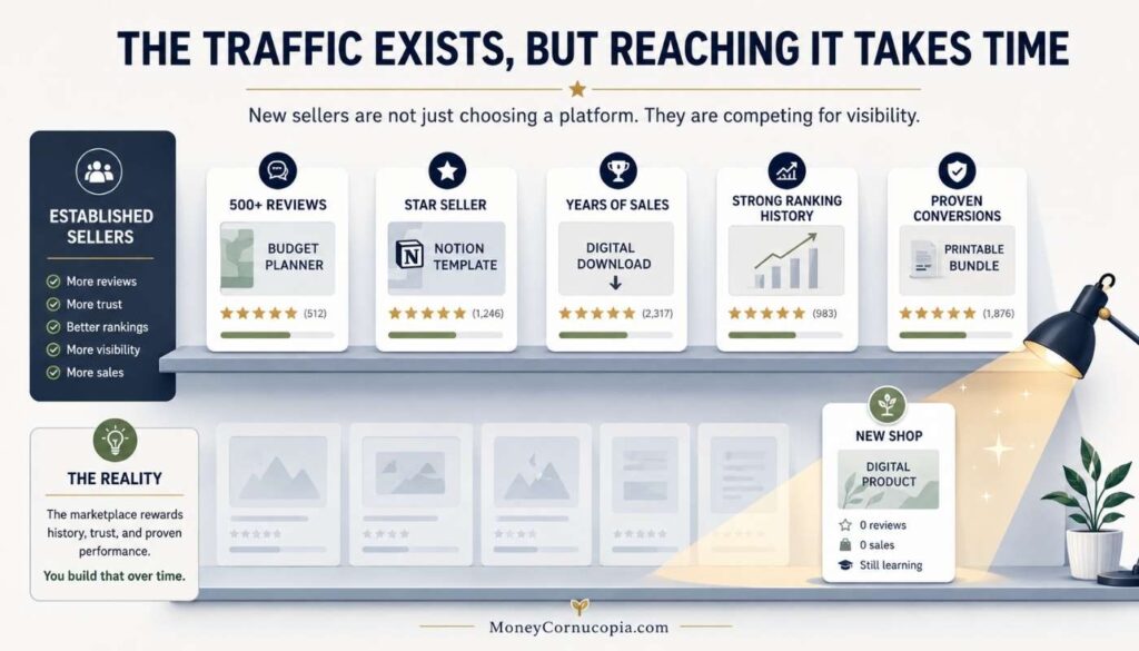 Editorial marketplace illustration showing a new Etsy seller competing against established digital product listings with reviews and sales history.