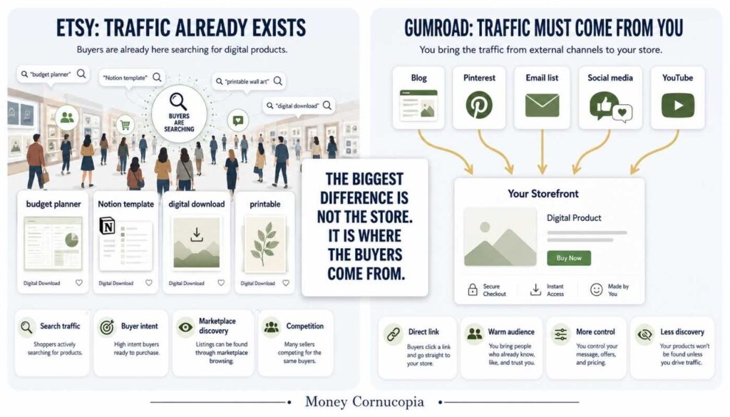 Comparison graphic showing Etsy as a marketplace with search traffic and Gumroad as a direct storefront that needs external traffic.